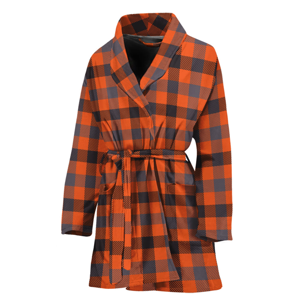 Orange Black And Grey Plaid Print Women's Bathrobe