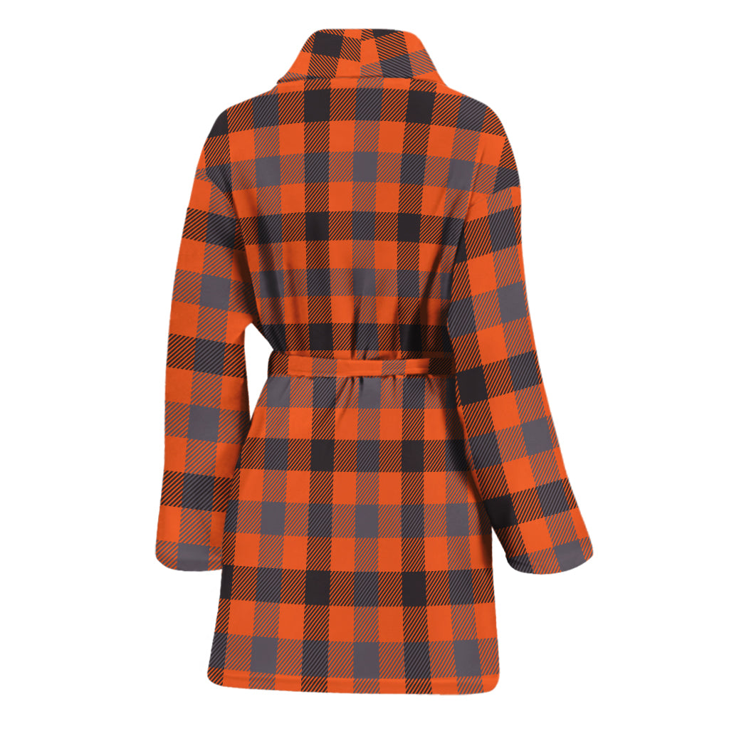 Orange Black And Grey Plaid Print Women's Bathrobe