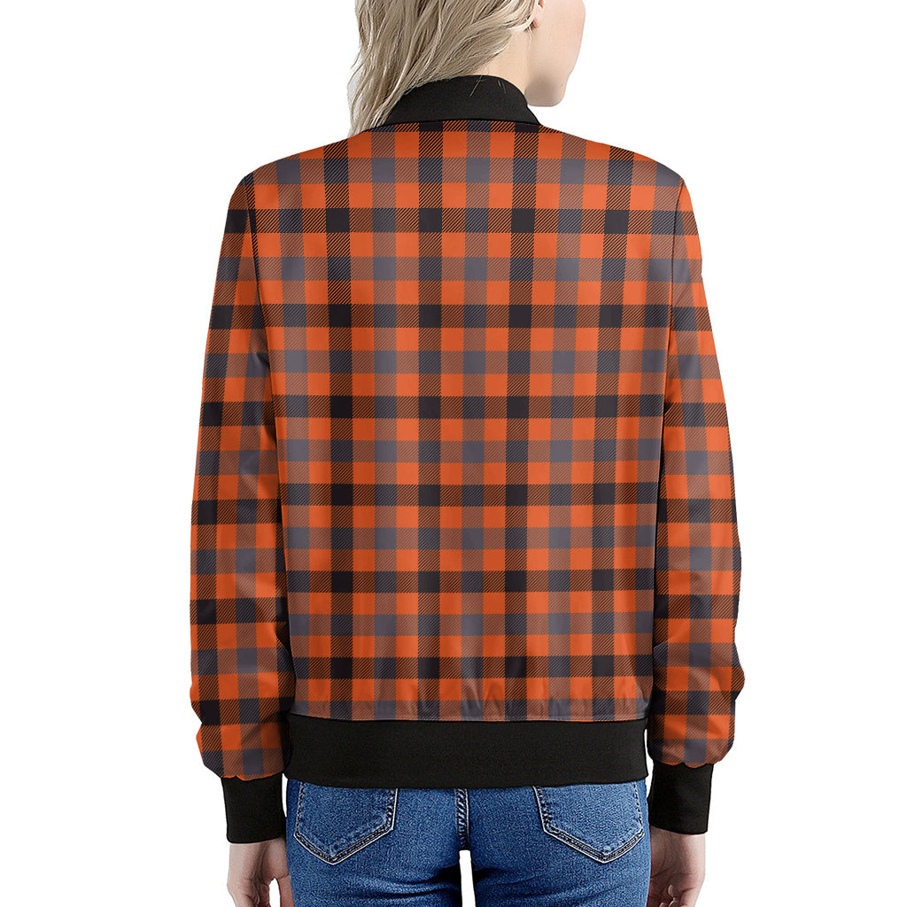 Orange Black And Grey Plaid Print Women's Bomber Jacket