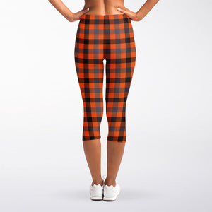 Orange Black And Grey Plaid Print Women's Capri Leggings