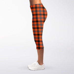 Orange Black And Grey Plaid Print Women's Capri Leggings