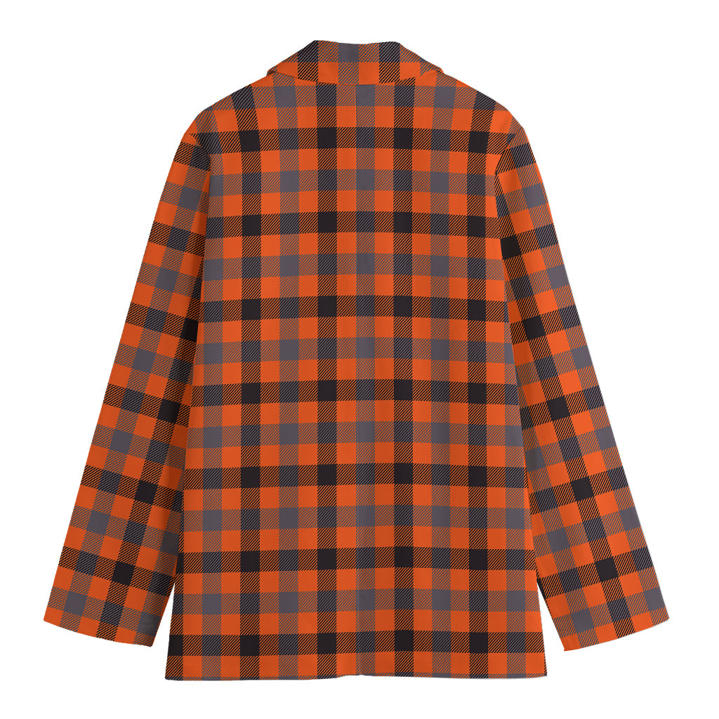 Orange Black And Grey Plaid Print Women's Cotton Blazer
