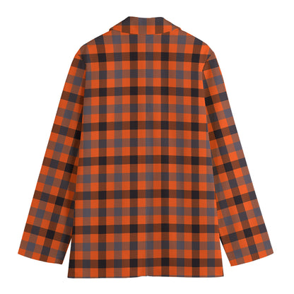Orange Black And Grey Plaid Print Women's Cotton Blazer
