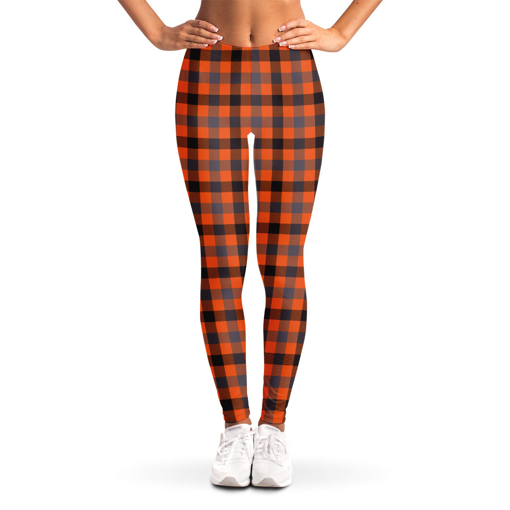 Orange Black And Grey Plaid Print Women's Leggings