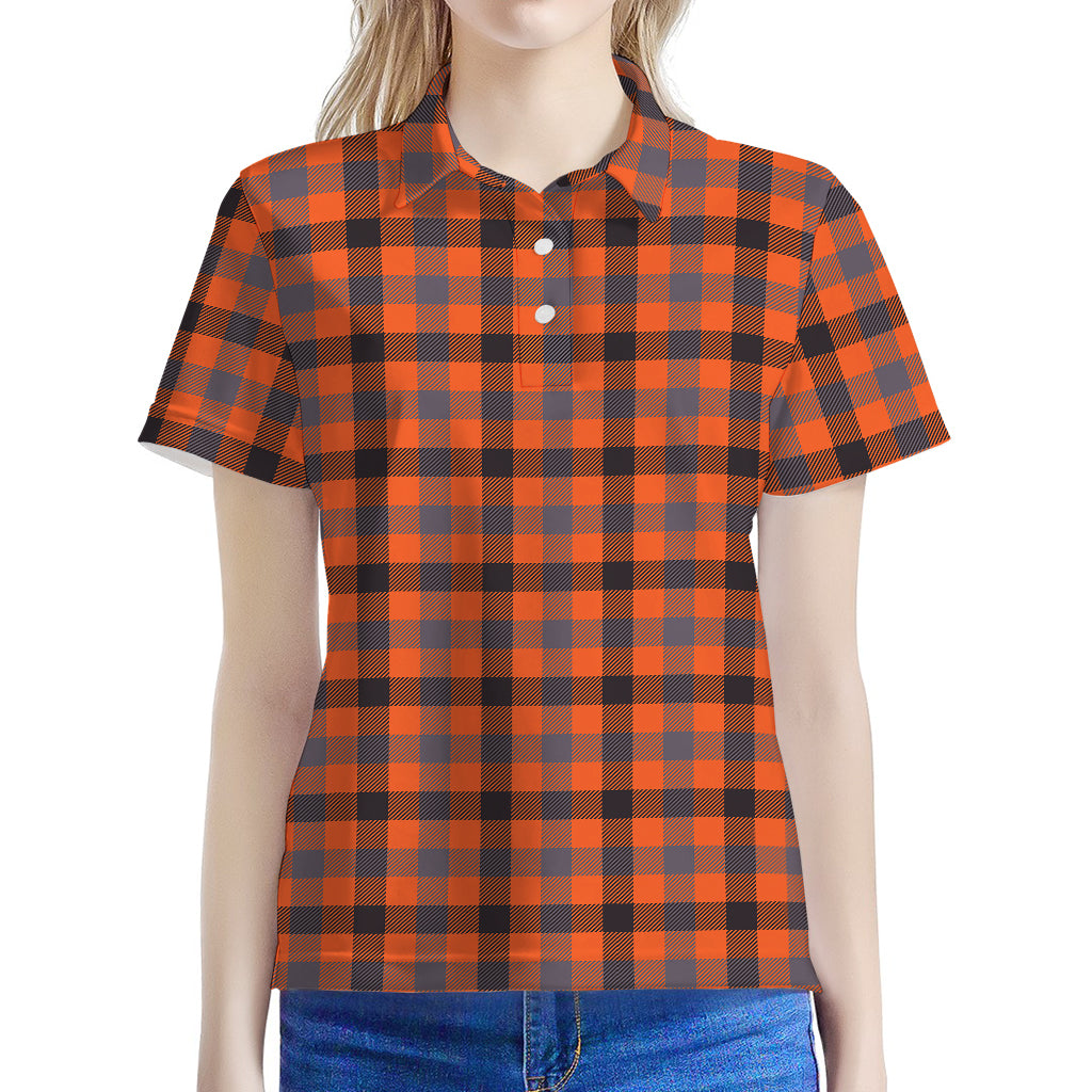 Orange Black And Grey Plaid Print Women's Polo Shirt