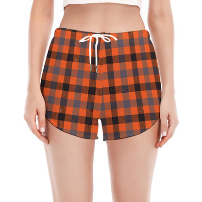 Orange Black And Grey Plaid Print Women's Split Running Shorts