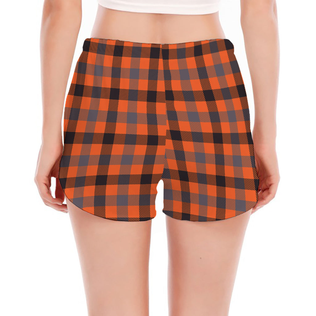 Orange Black And Grey Plaid Print Women's Split Running Shorts