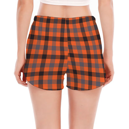 Orange Black And Grey Plaid Print Women's Split Running Shorts