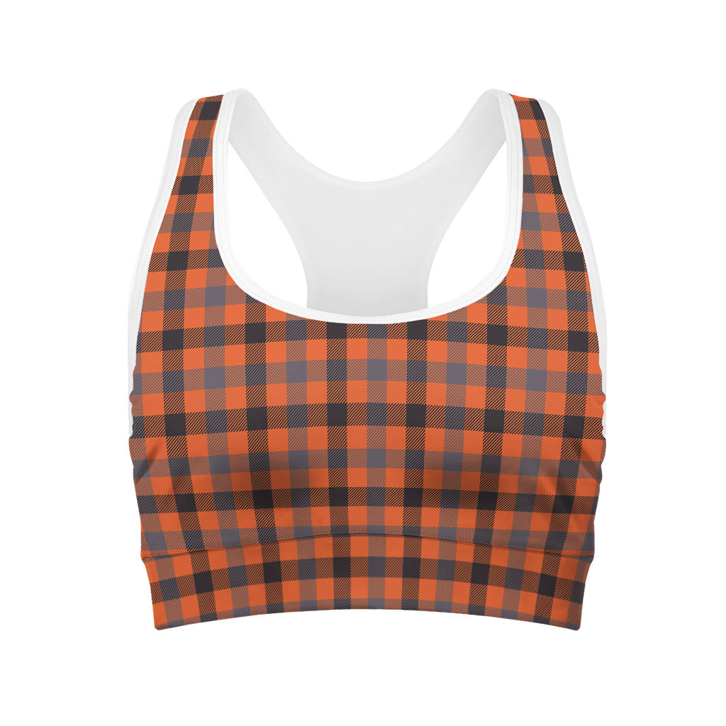 Orange Black And Grey Plaid Print Women's Sports Bra