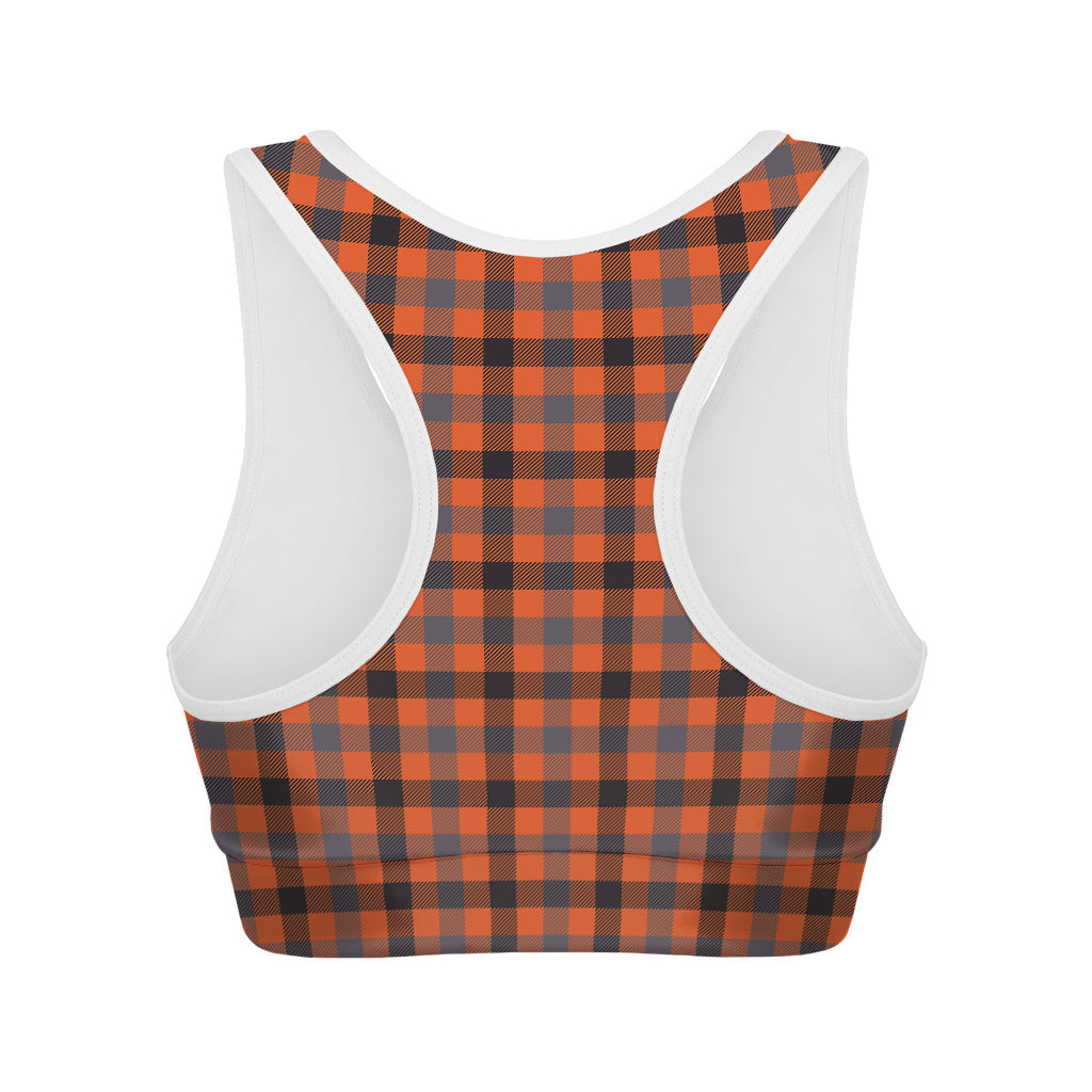 Orange Black And Grey Plaid Print Women's Sports Bra