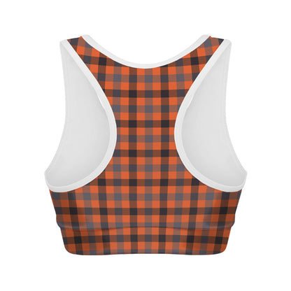 Orange Black And Grey Plaid Print Women's Sports Bra