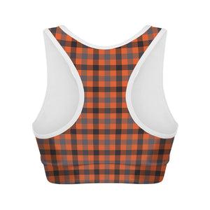 Orange Black And Grey Plaid Print Women's Sports Bra