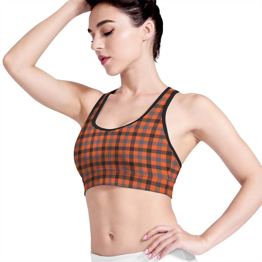 Orange Black And Grey Plaid Print Women's Sports Bra