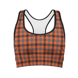 Orange Black And Grey Plaid Print Women's Sports Bra