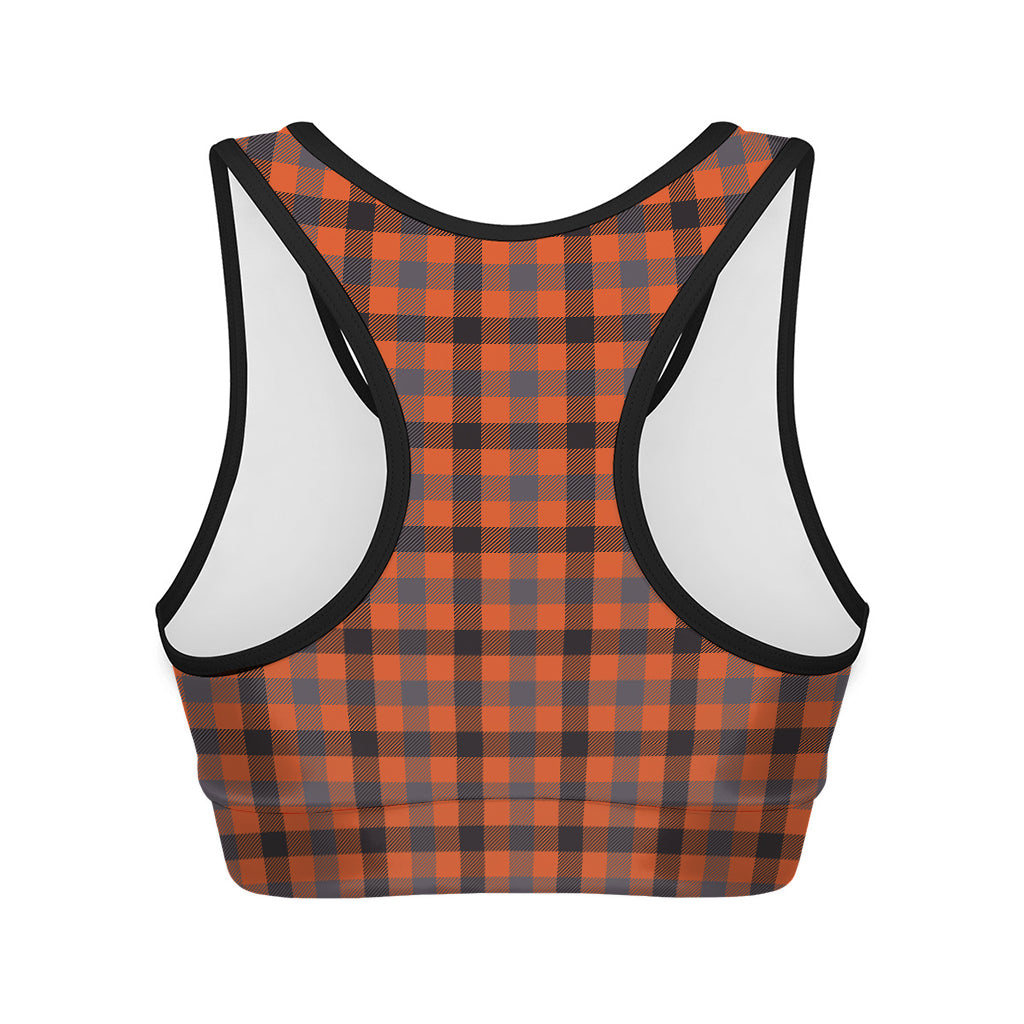 Orange Black And Grey Plaid Print Women's Sports Bra