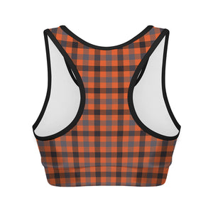 Orange Black And Grey Plaid Print Women's Sports Bra