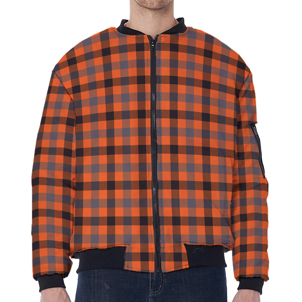 Orange Black And Grey Plaid Print Zip Sleeve Bomber Jacket