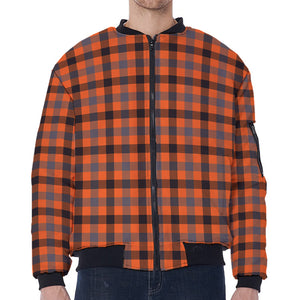 Orange Black And Grey Plaid Print Zip Sleeve Bomber Jacket