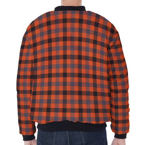 Orange Black And Grey Plaid Print Zip Sleeve Bomber Jacket