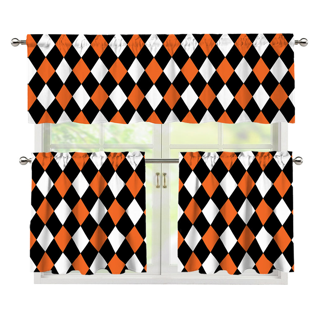 Orange Black And White Harlequin Print 3 Piece Kitchen Curtains