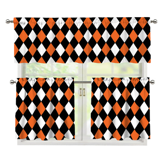 Orange Black And White Harlequin Print 3 Piece Kitchen Curtains