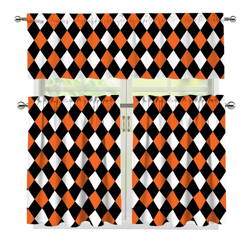 Orange Black And White Harlequin Print 3 Piece Kitchen Curtains