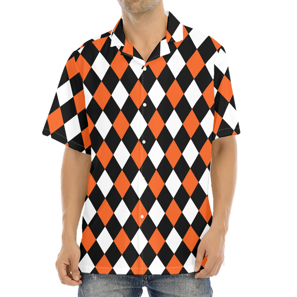 Orange Black And White Harlequin Print Aloha Shirt