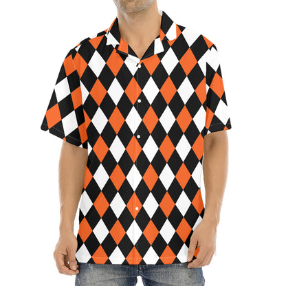Orange Black And White Harlequin Print Aloha Shirt