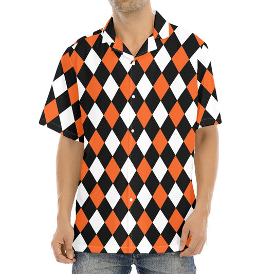 Orange Black And White Harlequin Print Aloha Shirt