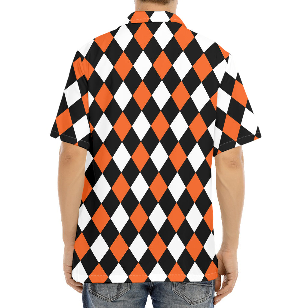 Orange Black And White Harlequin Print Aloha Shirt