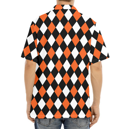 Orange Black And White Harlequin Print Aloha Shirt