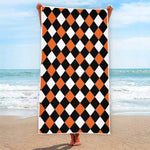 Orange Black And White Harlequin Print Beach Towel