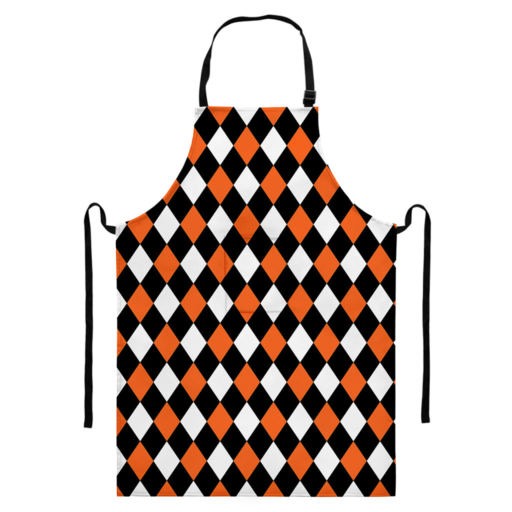 Orange Black And White Harlequin Print Bib Apron With Pocket