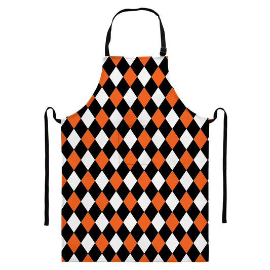 Orange Black And White Harlequin Print Bib Apron With Pocket