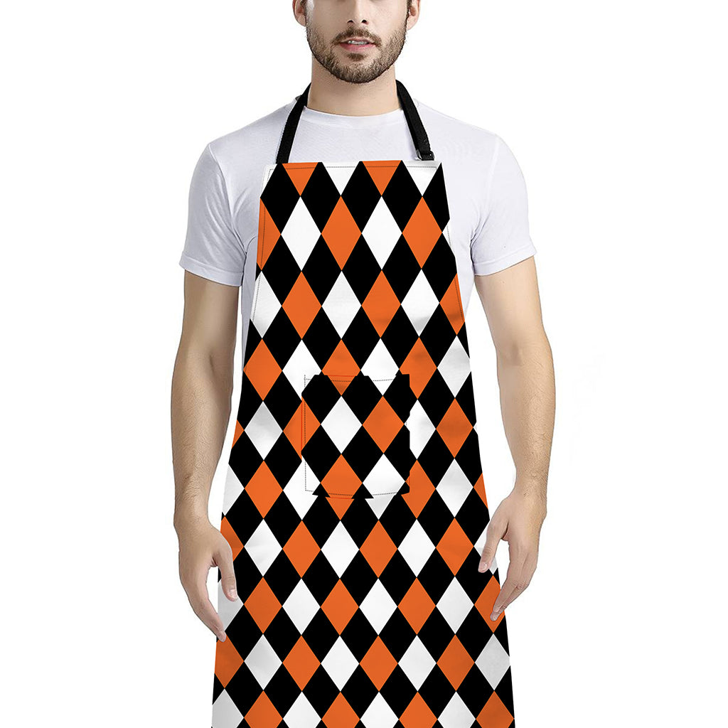 Orange Black And White Harlequin Print Bib Apron With Pocket