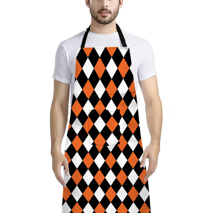 Orange Black And White Harlequin Print Bib Apron With Pocket