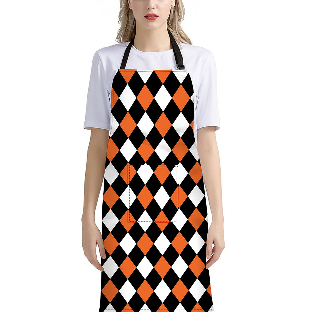 Orange Black And White Harlequin Print Bib Apron With Pocket