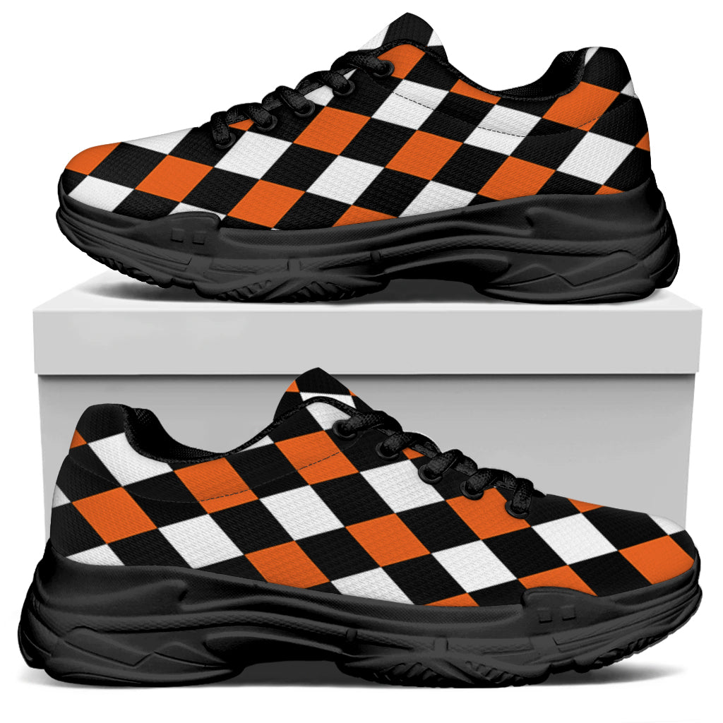 Orange Black And White Harlequin Print Black Chunky Shoes