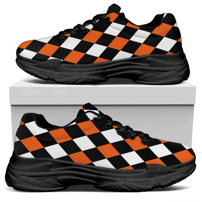 Orange Black And White Harlequin Print Black Chunky Shoes