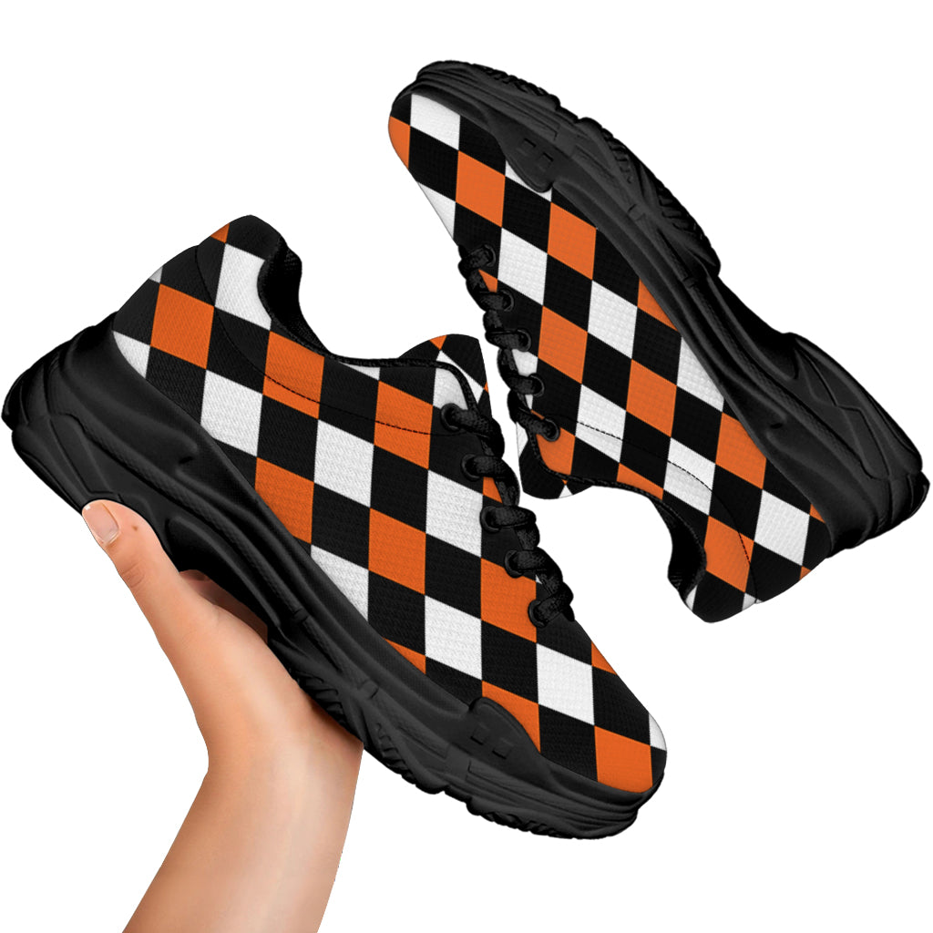 Orange Black And White Harlequin Print Black Chunky Shoes