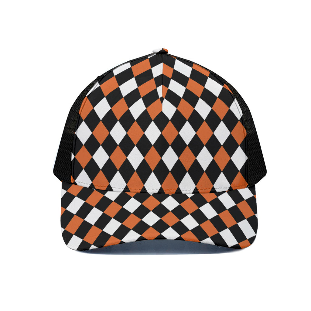 Orange Black And White Harlequin Print Black Mesh Trucker Cap