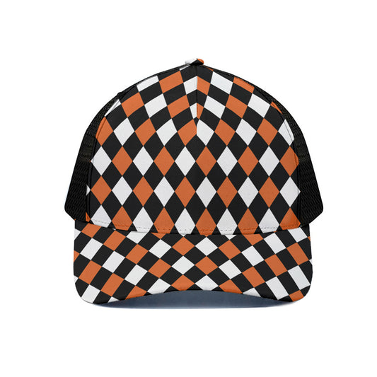 Orange Black And White Harlequin Print Black Mesh Trucker Cap