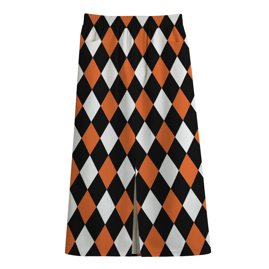 Orange Black And White Harlequin Print Cotton Front Slit Maxi Skirt