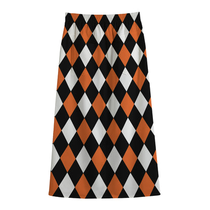 Orange Black And White Harlequin Print Cotton Front Slit Maxi Skirt