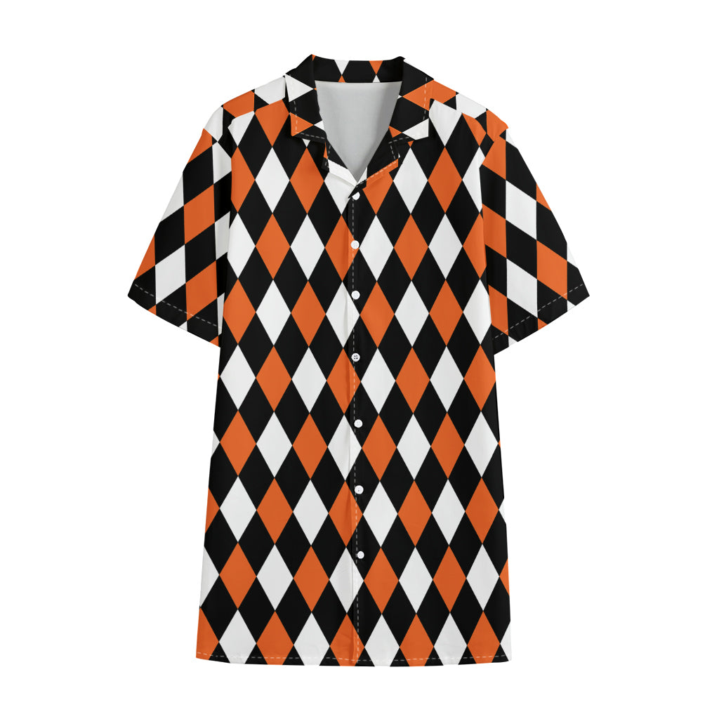 Orange Black And White Harlequin Print Cotton Hawaiian Shirt