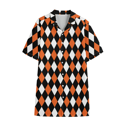 Orange Black And White Harlequin Print Cotton Hawaiian Shirt