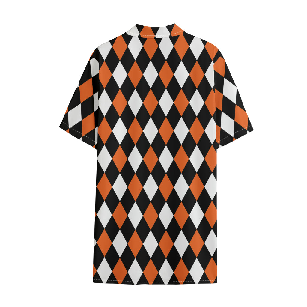 Orange Black And White Harlequin Print Cotton Hawaiian Shirt
