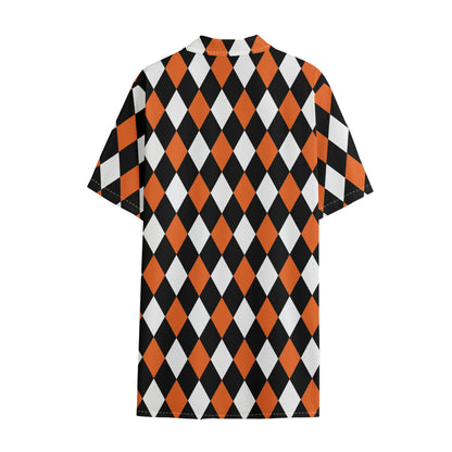 Orange Black And White Harlequin Print Cotton Hawaiian Shirt
