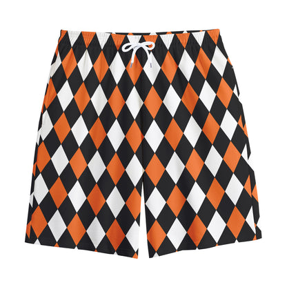 Orange Black And White Harlequin Print Cotton Shorts