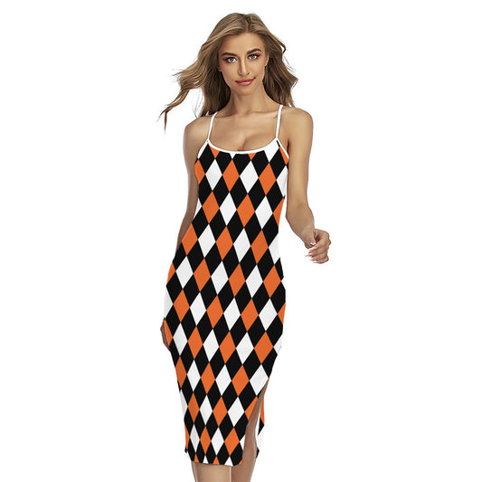 Orange Black And White Harlequin Print Cross Back Cami Dress